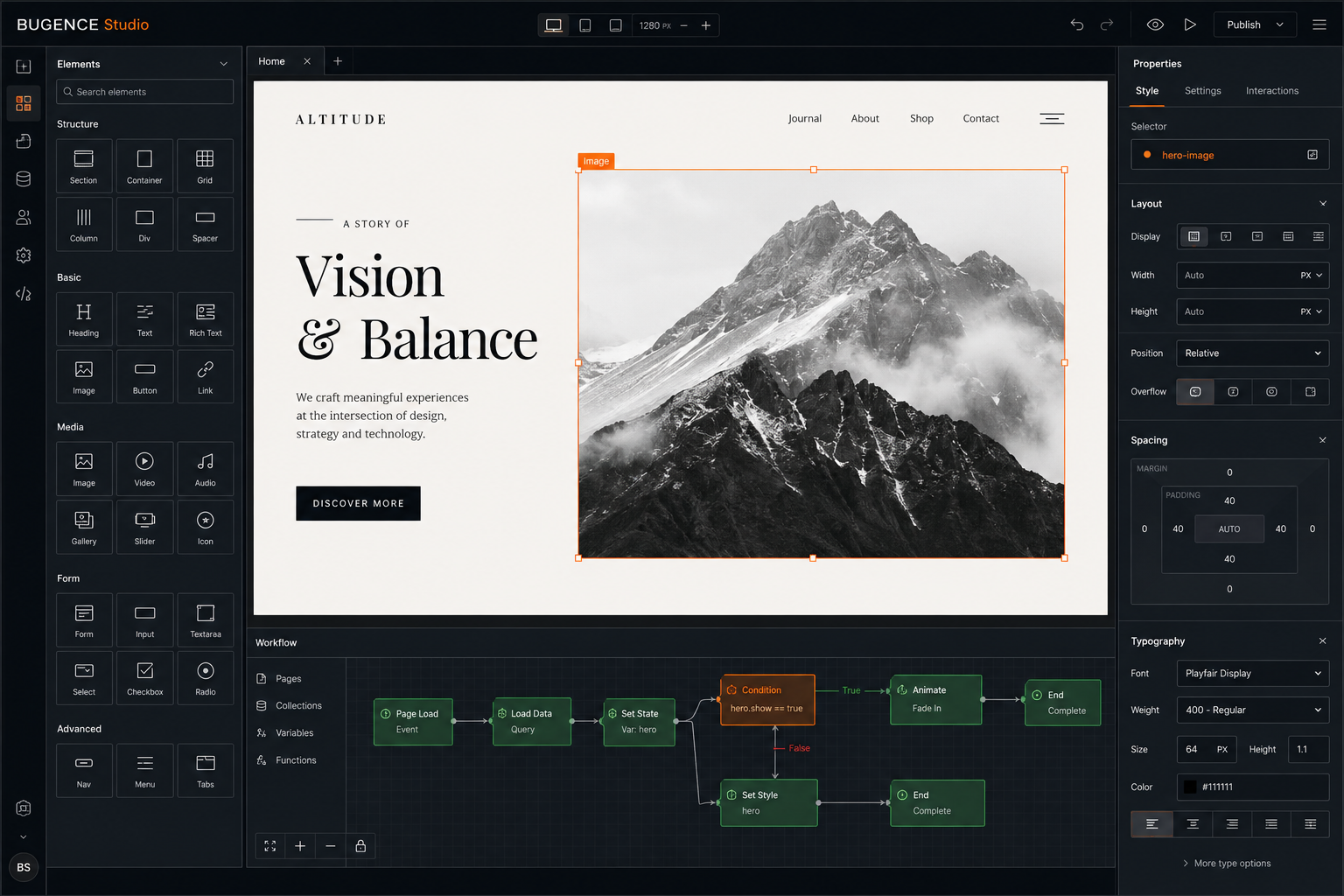 Concept preview of the BUGENCE visual editor with a website canvas, properties and connected workflow